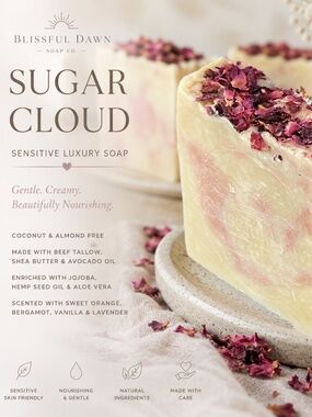 SUGAR CLOUD Sensitive Skin Luxury 140g, Free Soap Dish w/ purchase of 3 bars